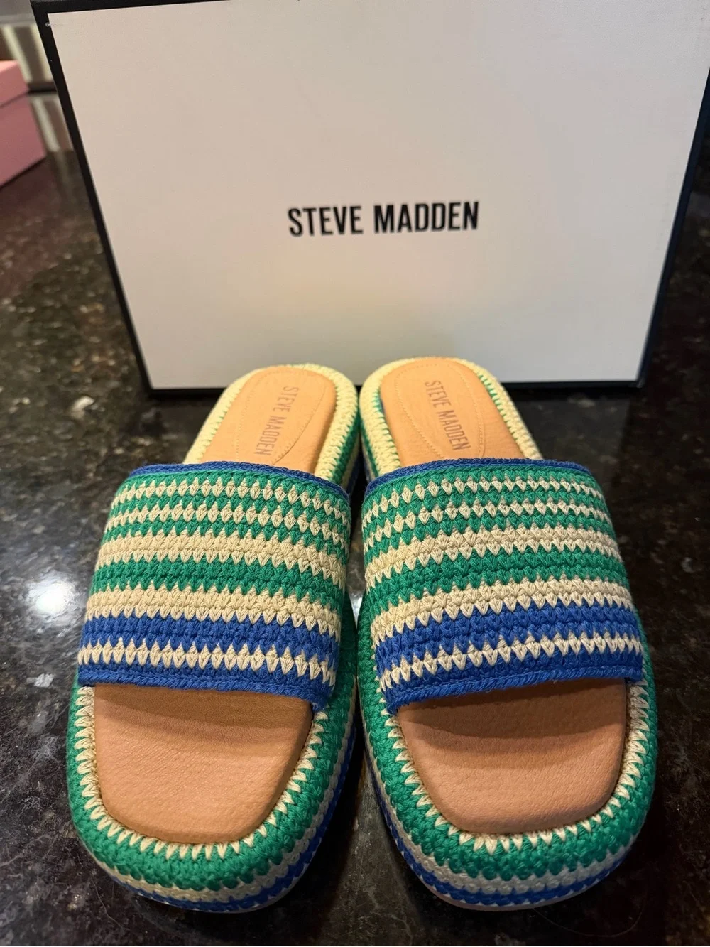 Steve Madden Blue, Green & Cream Striped Crochet Slide Sandals NWT